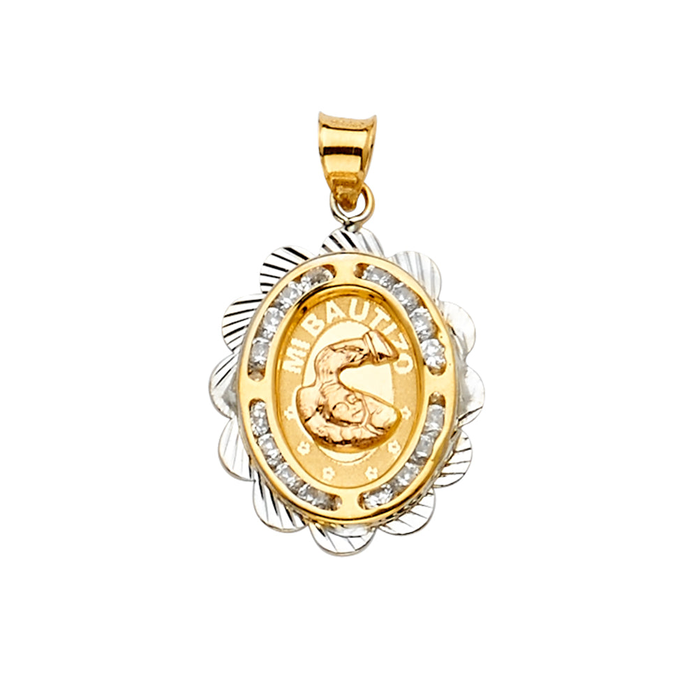 14K Two Tone Goldone CZ Baptism Medal Pendant