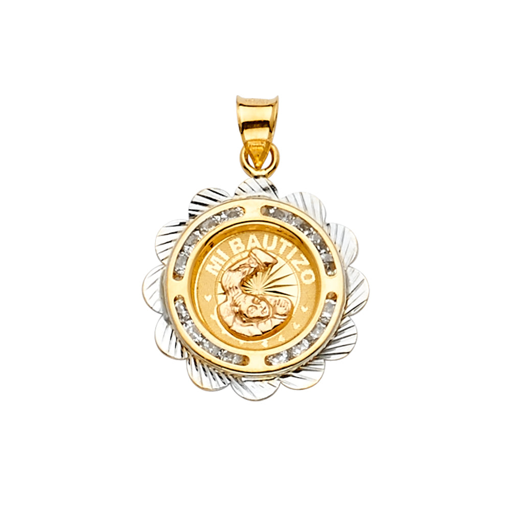 14K Two Tone Goldone CZ Baptism Medal Pendant