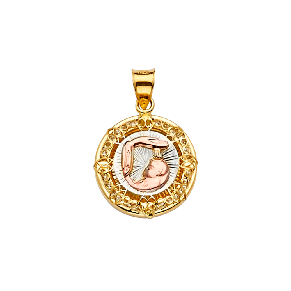 14K Two Tone Goldone CZ Baptism Medal Pendant
