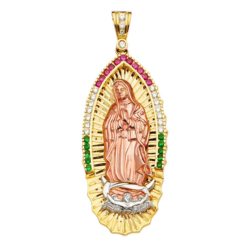 14K Yellow White Rose Gold Mexican Color CZ Guadalupe Pendant