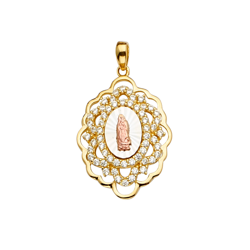 14K Yellow White Rose Gold CZ Guadalupe Medal Pendant