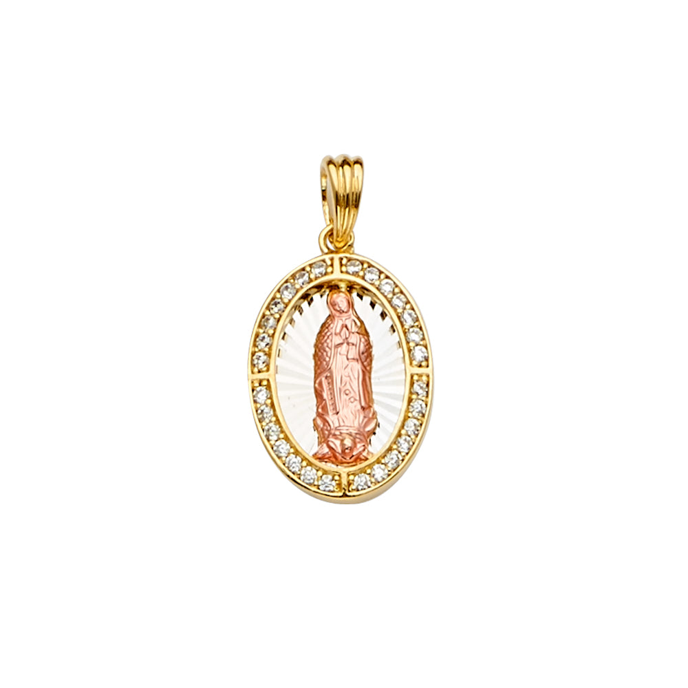 14K Yellow White Rose Gold CZ Guadalupe Medal Pendant