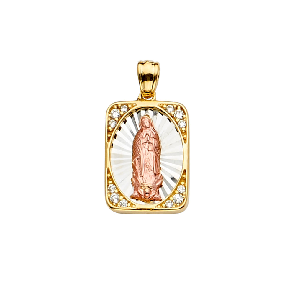 14K Yellow White Rose Gold CZ Guadalupe Medal Pendant