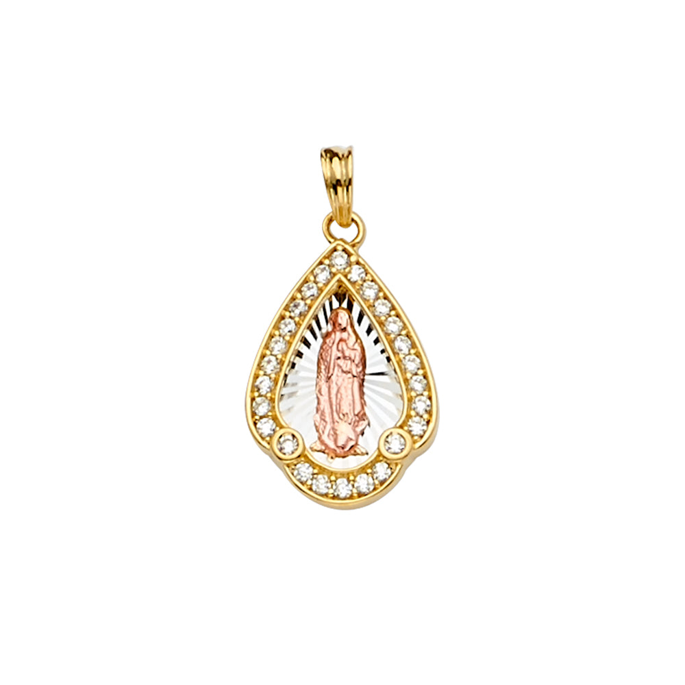 14K Yellow White Rose Gold CZ Guadalupe Medal Pendant