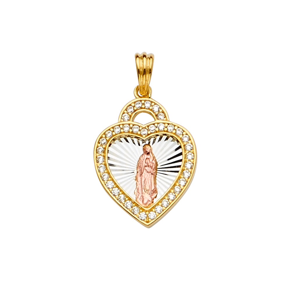 14K Yellow White Rose Gold CZ Guadalupe Medal Pendant