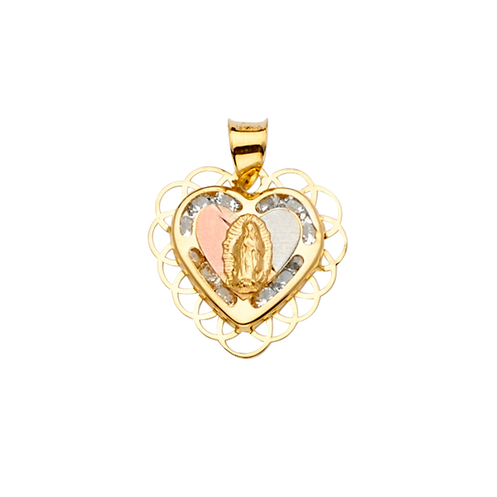 14K Yellow White Rose Goldolor CZ Guadalupe Medal Pendant