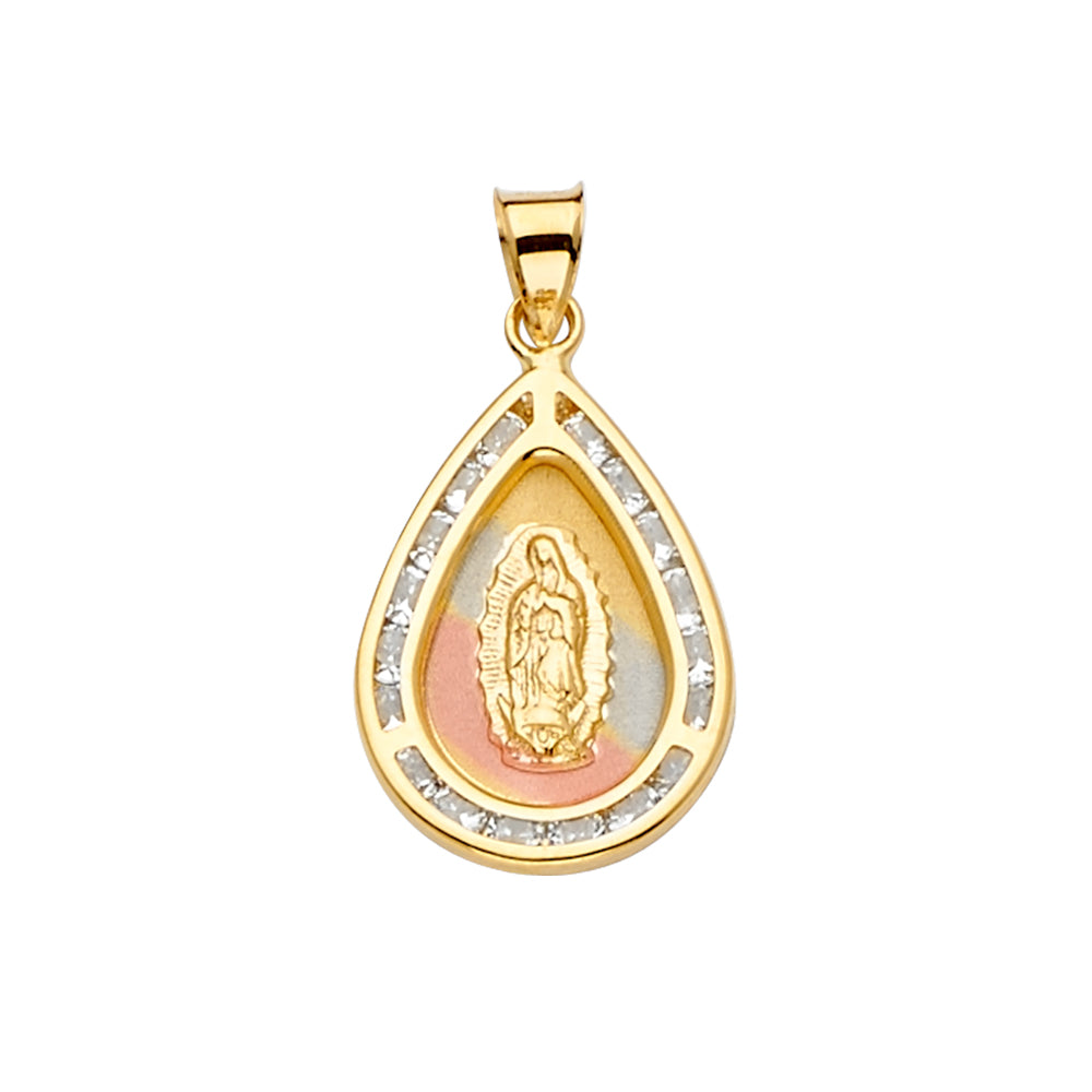 14K Yellow White Rose Goldolor CZ Guadalupe Medal Pendant