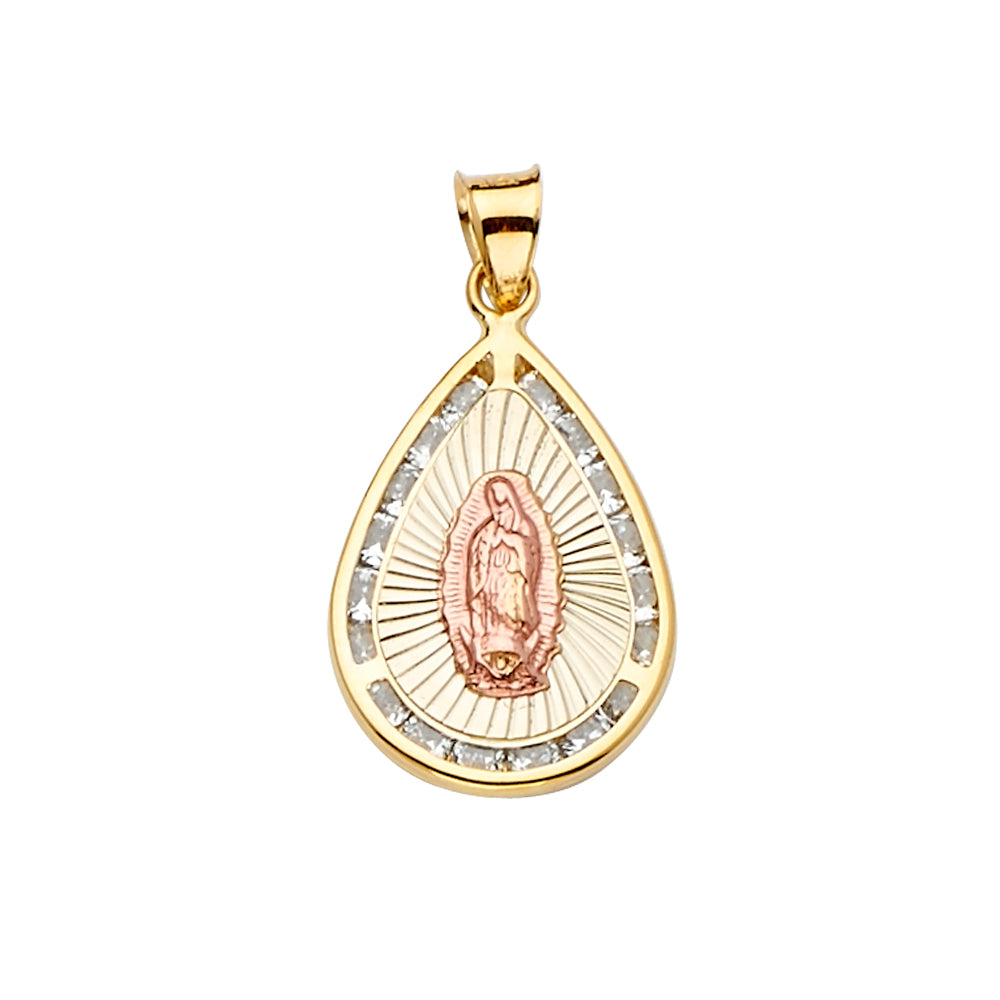 14K Yellow White Rose Goldolor CZ Guadalupe Medal Pendant