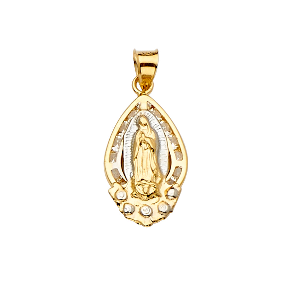 14K Yellow White Rose Goldolor CZ Guadalupe Medal Pendant
