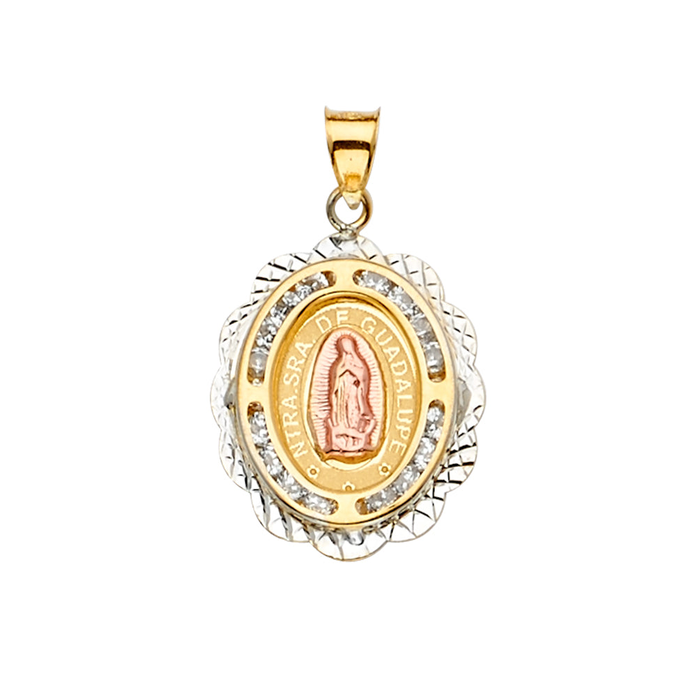 14K Yellow White Rose Goldolor CZ Guadalupe Medal Pendant