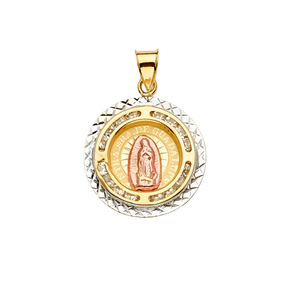 14K Yellow White Rose Goldolor CZ Guadalupe Medal Pendant
