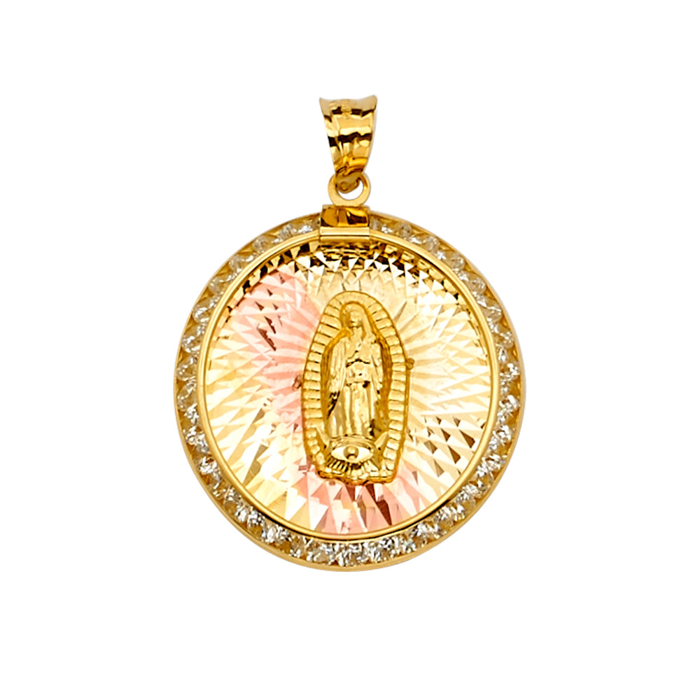 14K Yellow White Rose Goldolor CZ Guadalupe Medal Pendant
