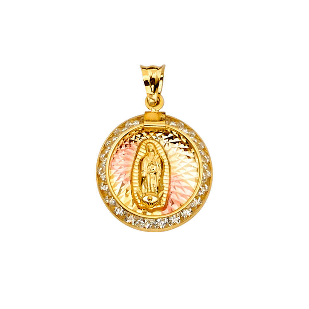 14K Yellow White Rose Goldolor CZ Guadalupe Medal Pendant