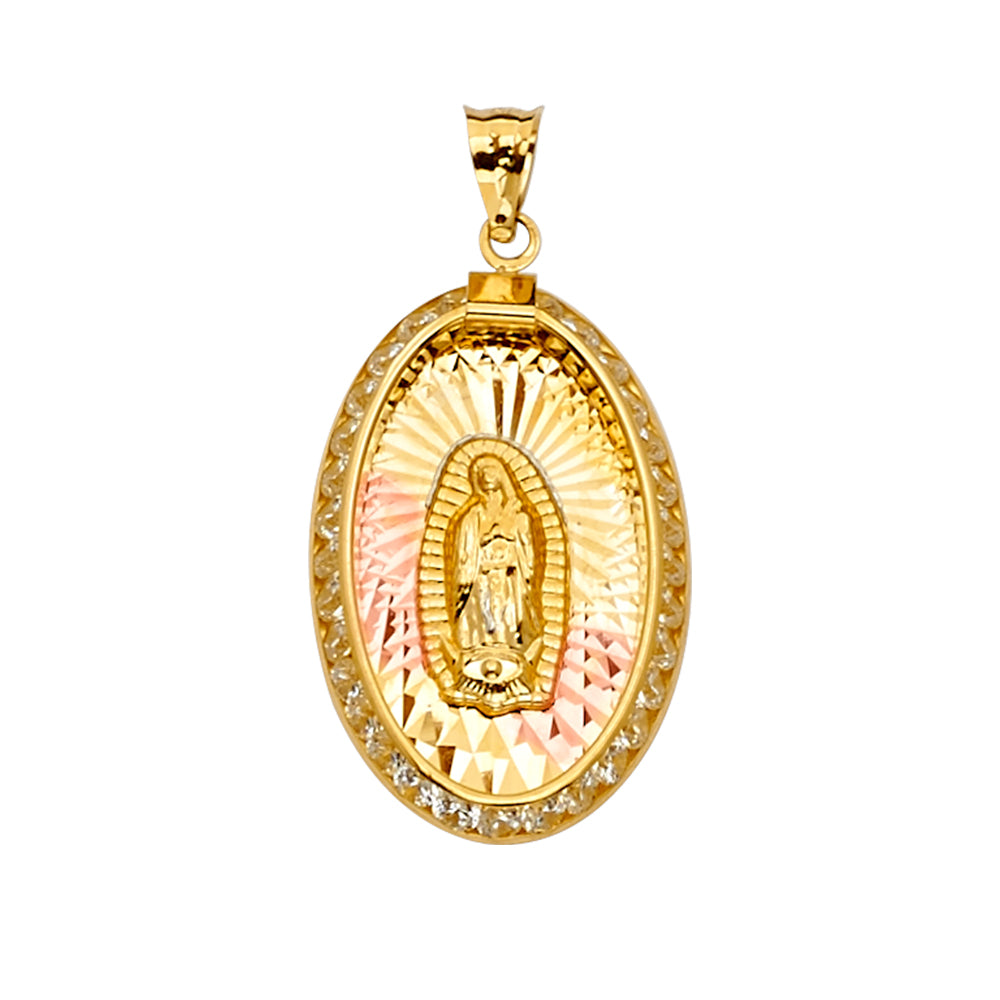 14K Yellow White Rose Goldolor CZ Guadalupe Medal Pendant