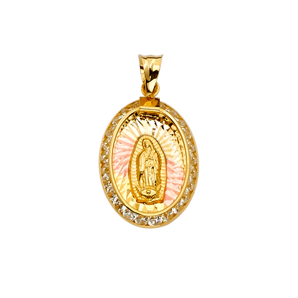 14K Yellow White Rose Goldolor CZ Guadalupe Medal Pendant
