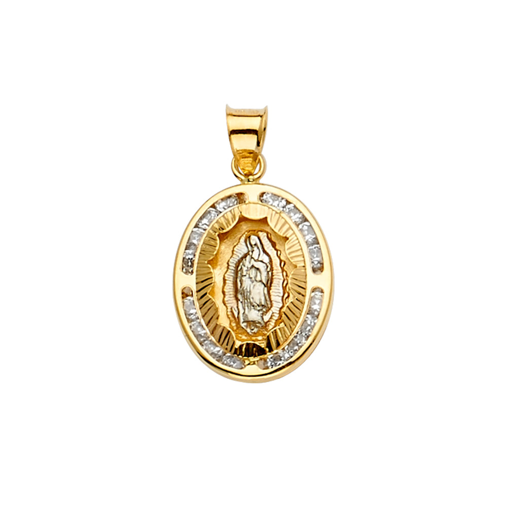 14K Yellow White Rose Goldolor CZ Guadalupe Medal Pendant
