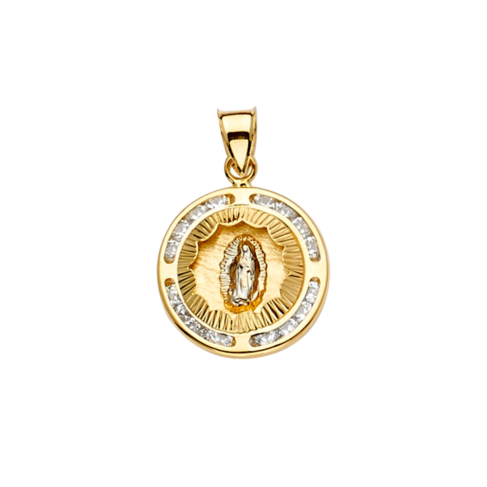 14K Yellow White Rose Goldolor CZ Guadalupe Medal Pendant
