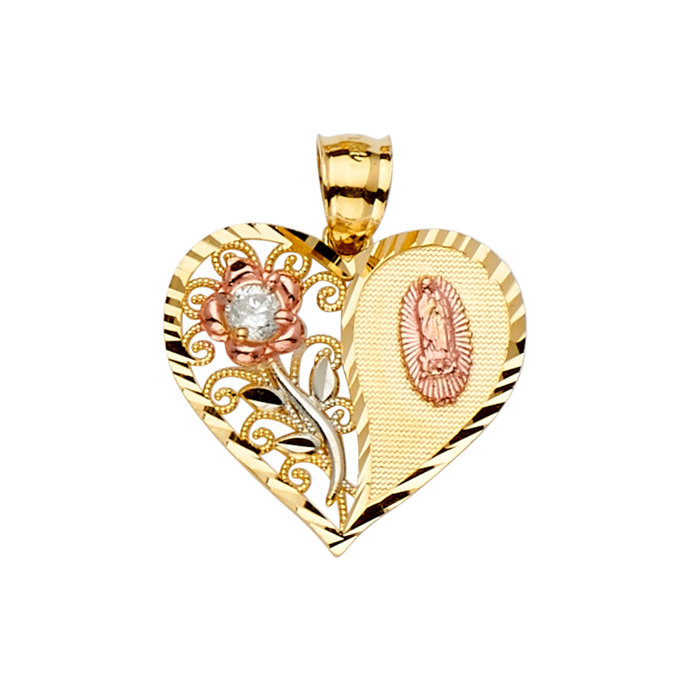 14K Yellow White Rose Goldolor Heart Pendant W/Flower, Guadalupe