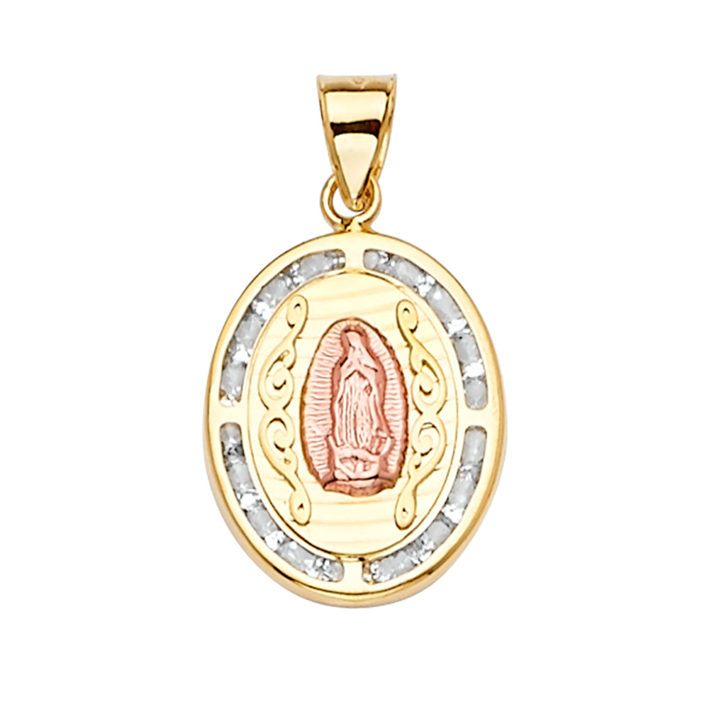 14K Yellow White Rose Goldolor CZ Guadalupe Medal Pendant