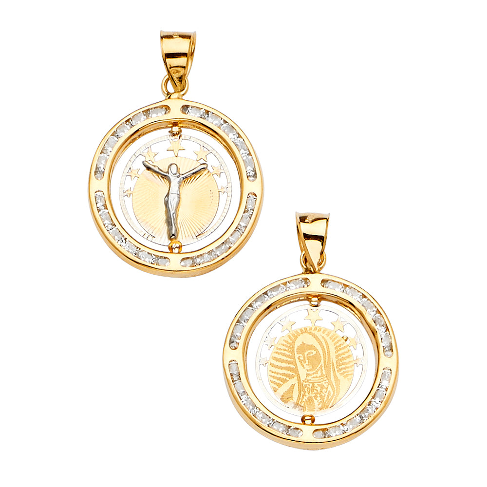 14K Yellow White Rose Goldolor Spinning Medal Pendant
