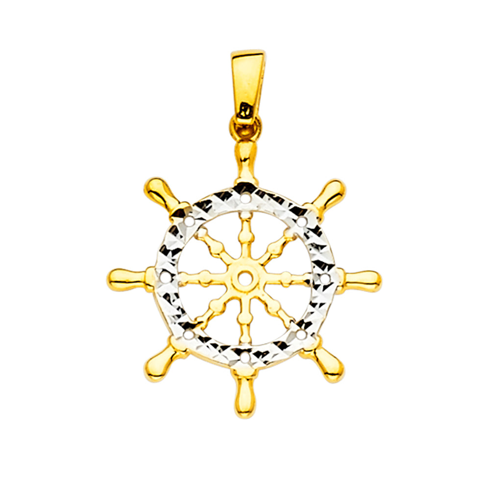 14K Two Tone Goldone Boat Wheel Pendant
