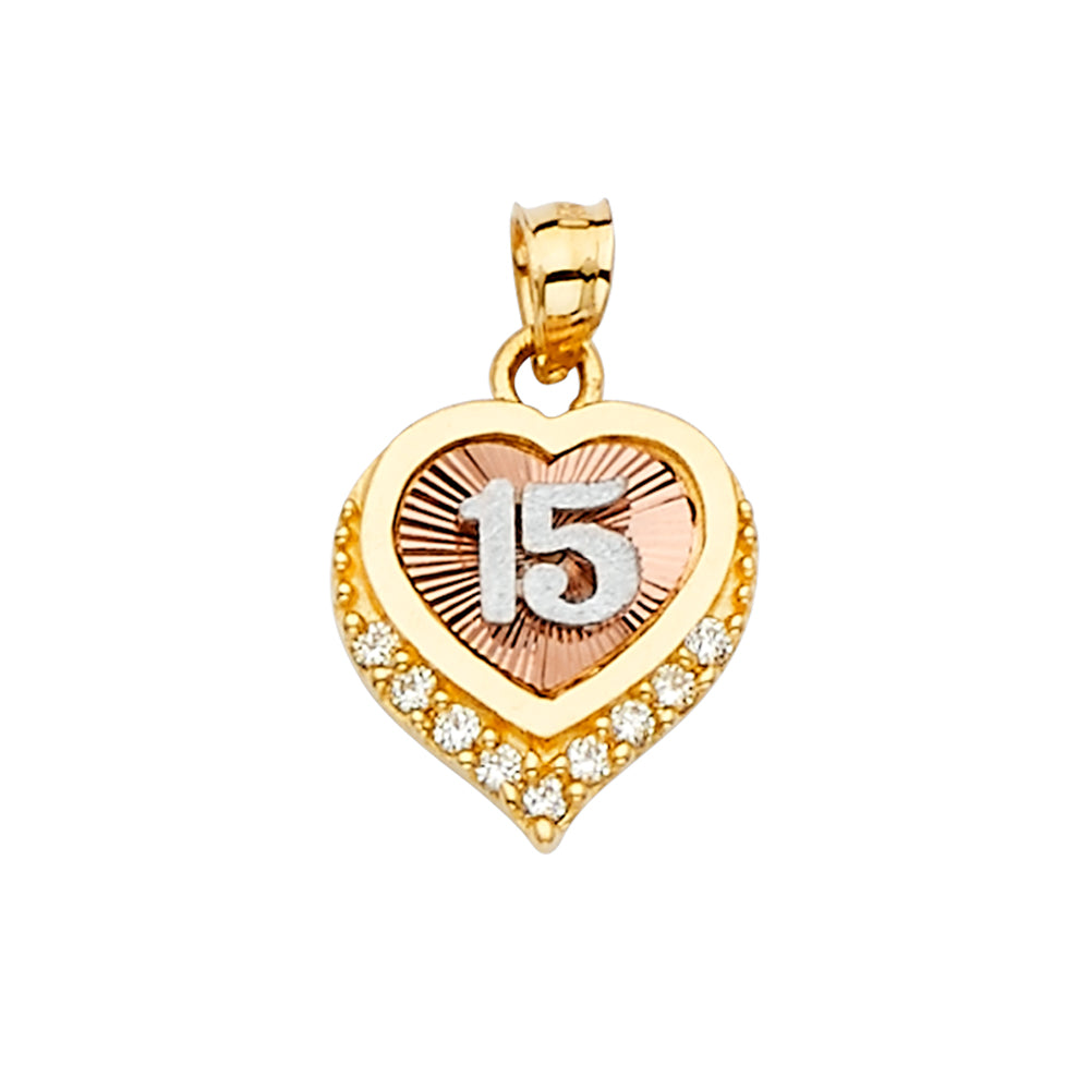 14K Yellow White Rose Gold CZ 15 Years Pendant