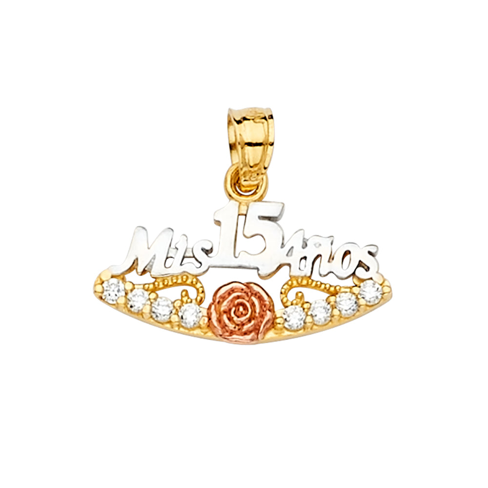 14K Yellow White Rose Gold CZ 15 Years Pendant