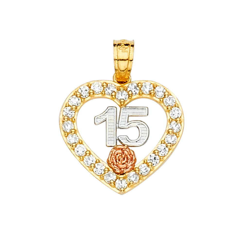14K Yellow White Rose Gold CZ 15 Years Pendant