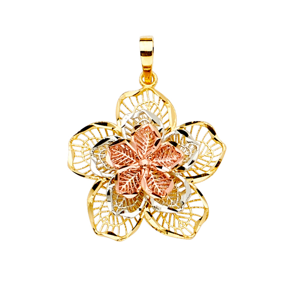 14K Yellow White Rose Gold Filigree Flower Pendant