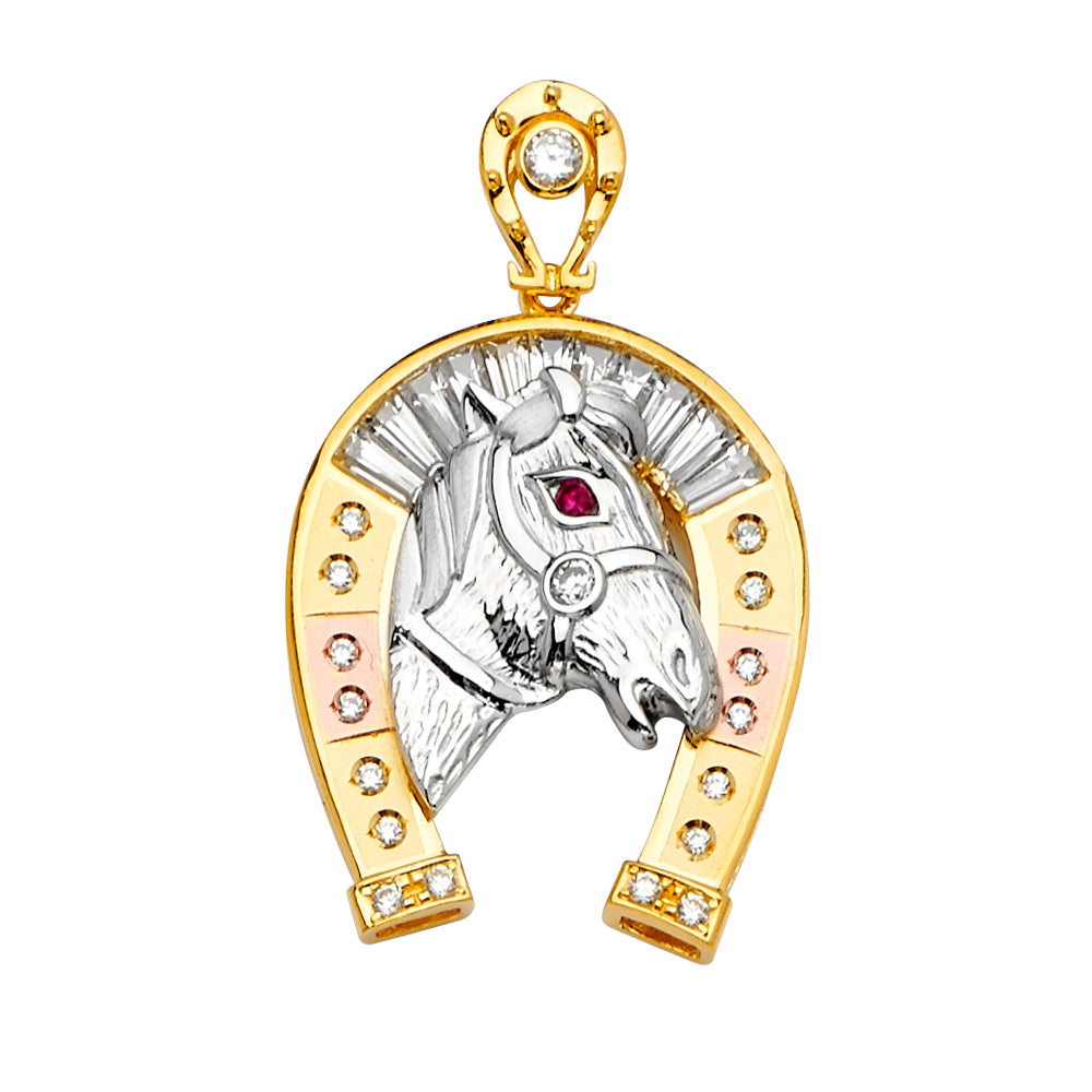 14K Yellow White Rose Goldolor CZ Horse Shoe Pendant