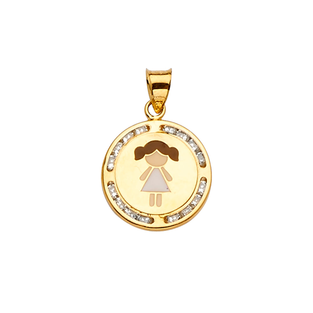 14K Yellow Gold CZ Enamel Girl Pendant