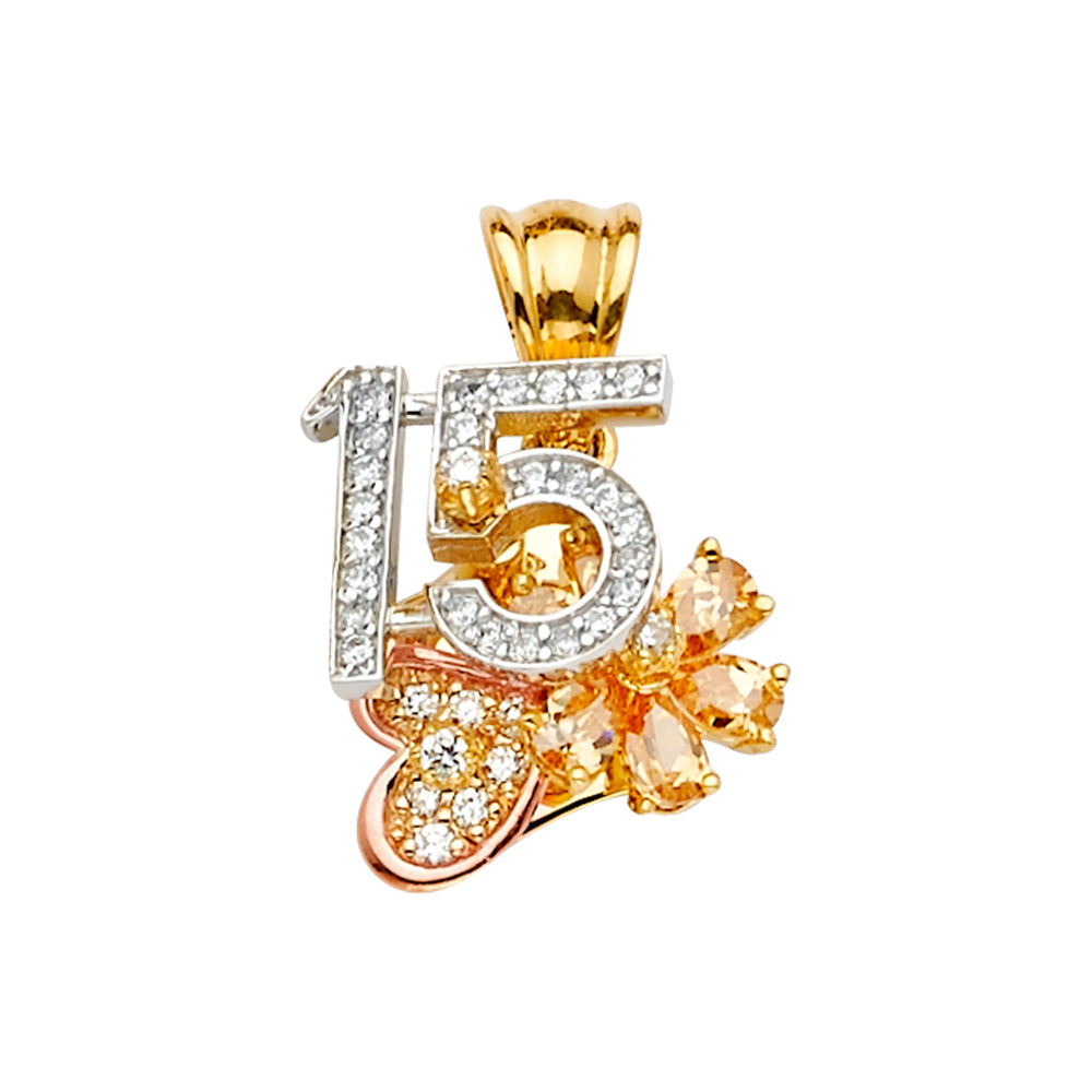 14K Two Tone Goldone CZ 15 Years Motion Pendant / Half Set
