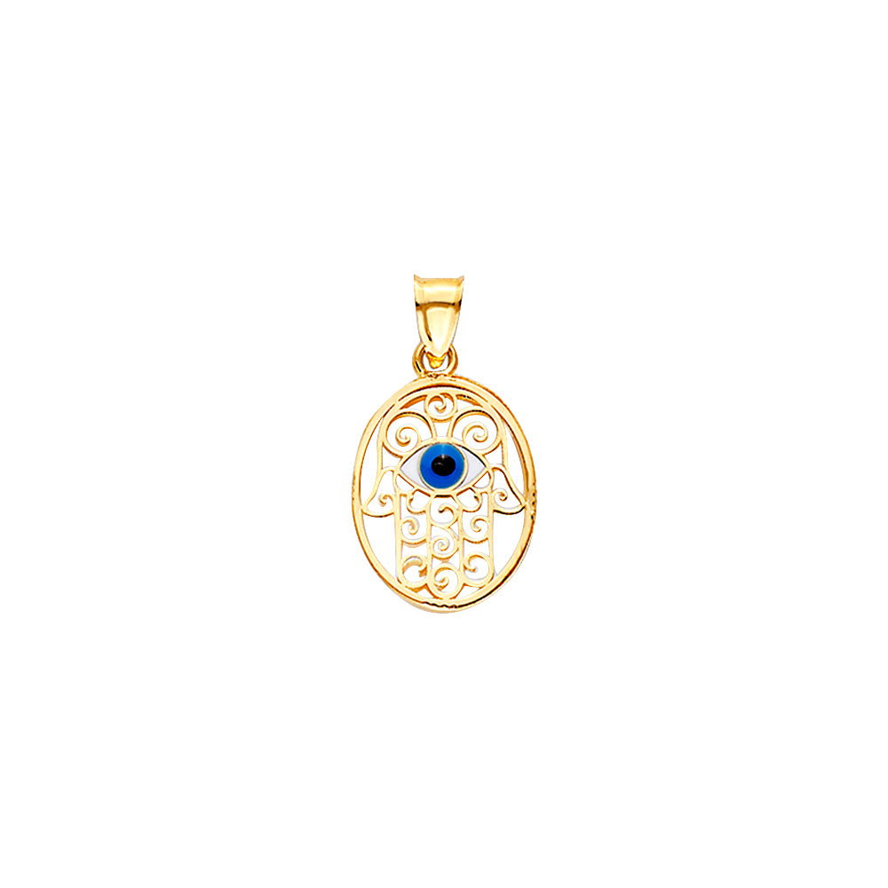 14K Yellow Gold Eveil Eye Hamsa Oval Medal On Mop
