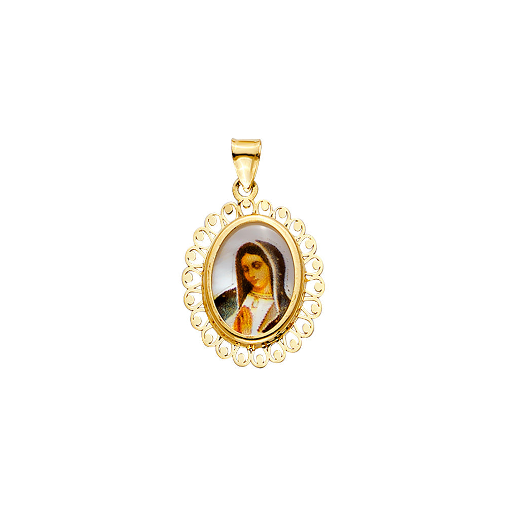 14K Yellow Gold Guadalupe Picture Oval Medal On Mop