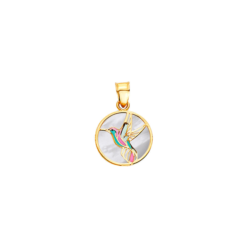 14K Yellow Gold Humming Bird Round Medal On Mop