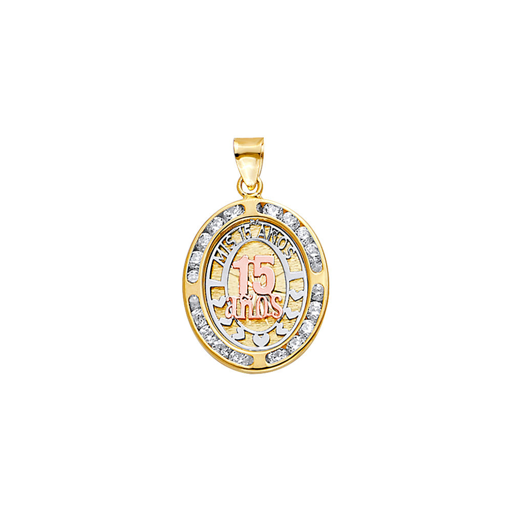 14K Yellow White Rose Gold CZ Oval 15 Anos Pendant