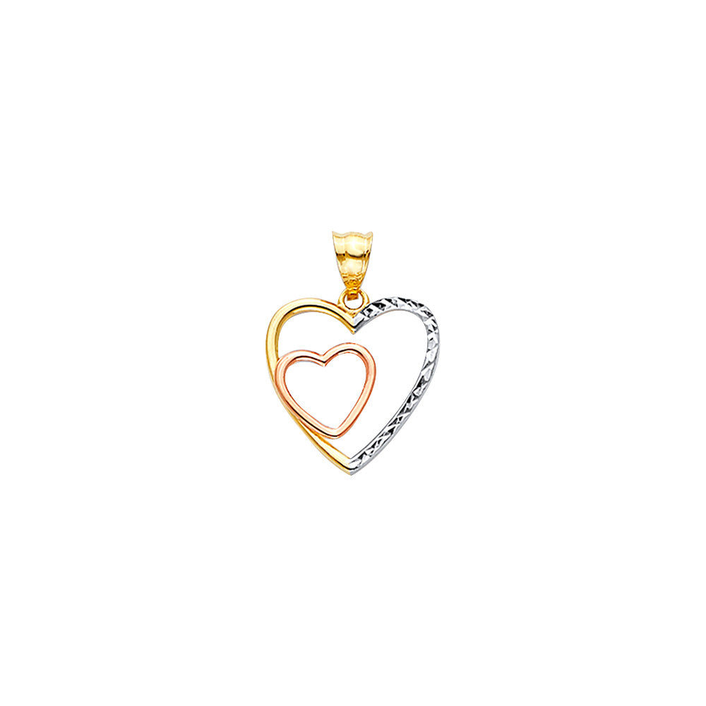 14K Yellow White Rose Gold Double Heart Diamond Cut Pendant