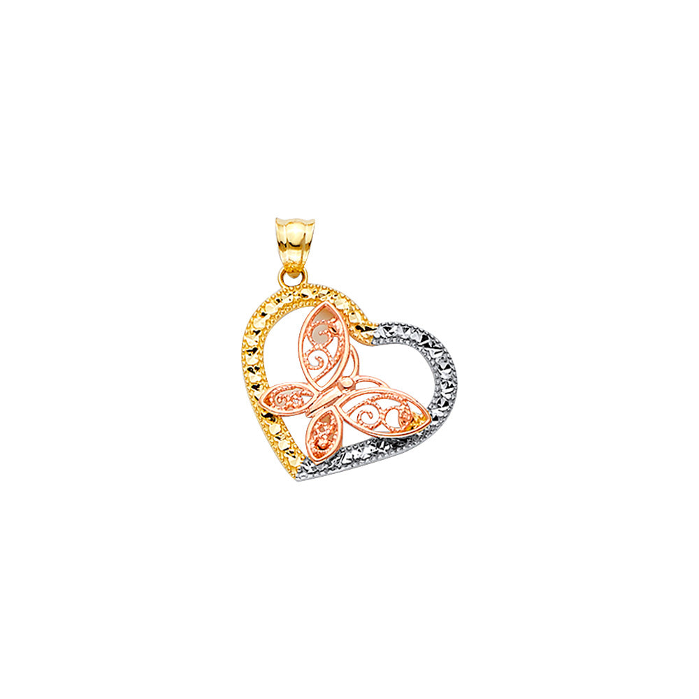 14K Yellow White Rose Gold Diamond Cut Pendant With Pink Butterfly