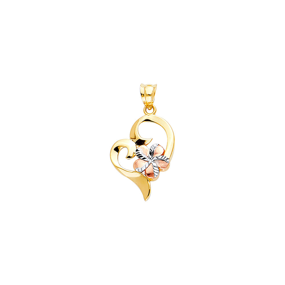 14K Yellow White Rose Gold Heart Pendant With Hawaiian Flower