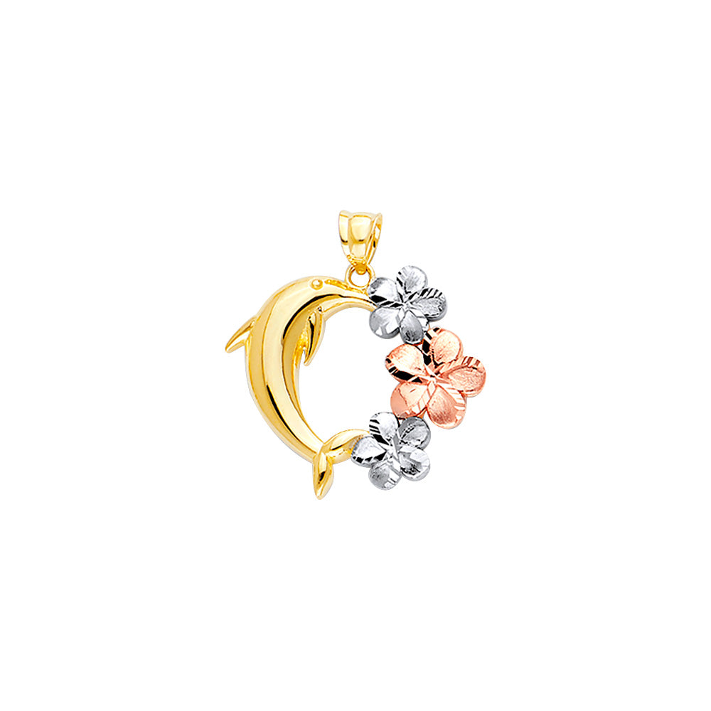 14K Yellow White Rose Gold Dolphin Pendant With Hawaiian Flower