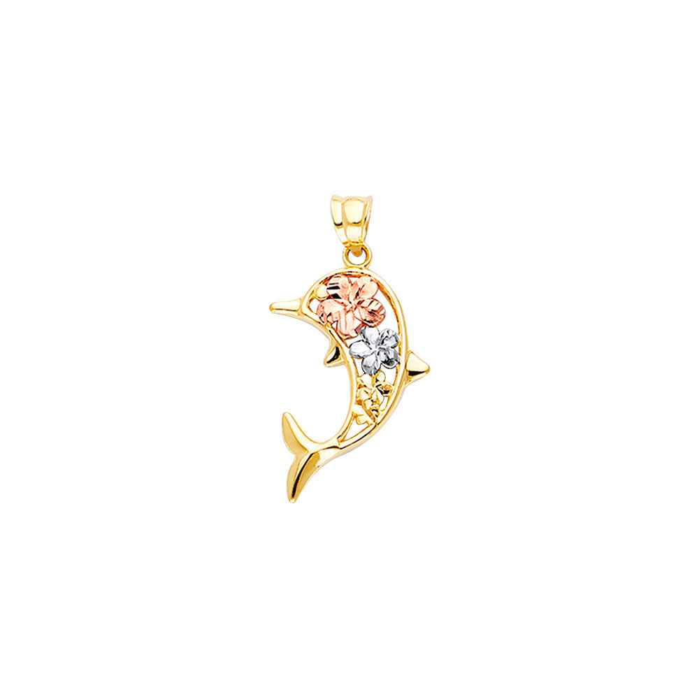 14K Yellow White Rose Gold Hawaiian Flower Dolphin Pendant