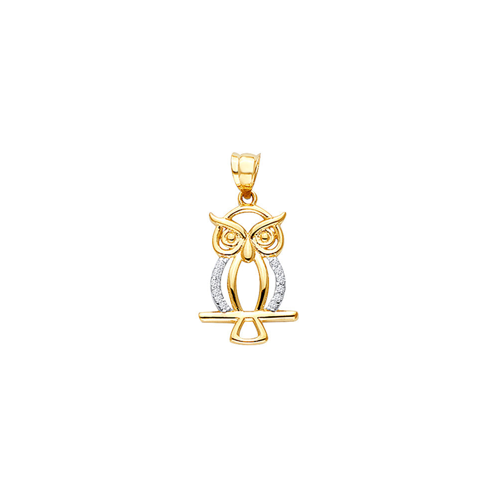 14K Yellow Gold CZ Owl Pendant