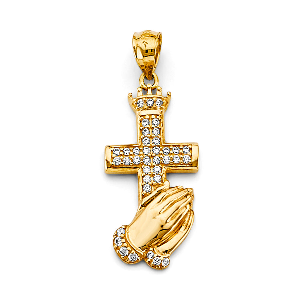14K Yellow Gold CZ Praying Hand W/ Cross Pendant