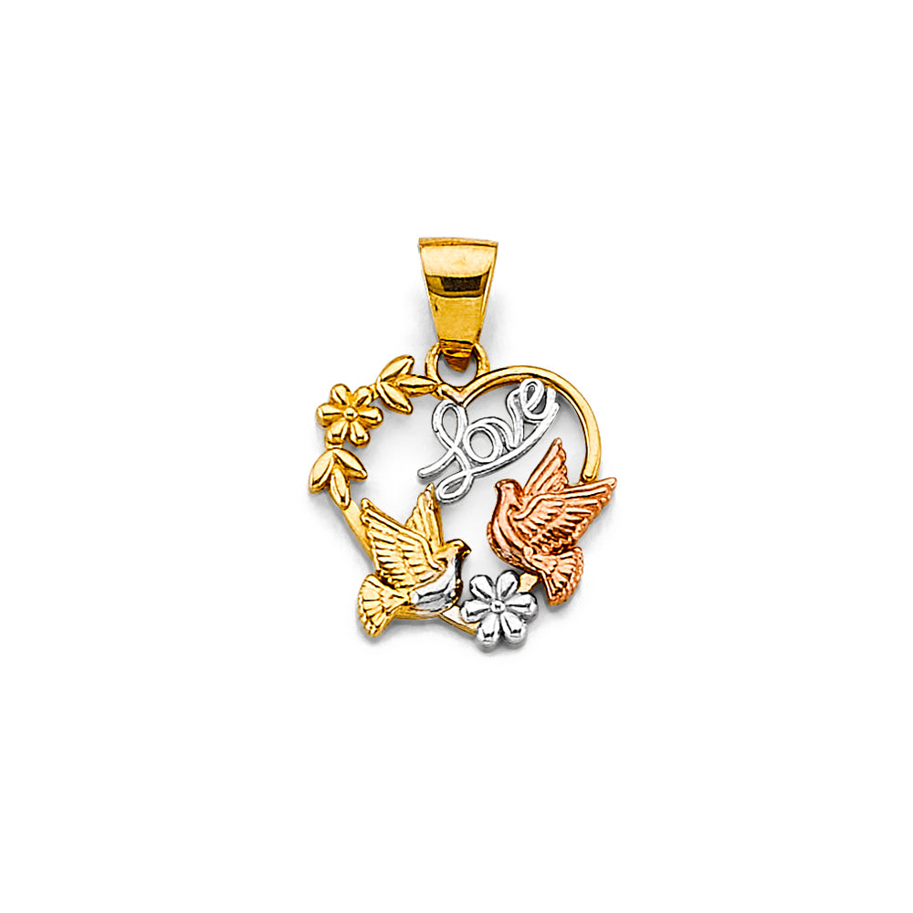 14K Yellow White Rose Gold Heart Dove Pendant