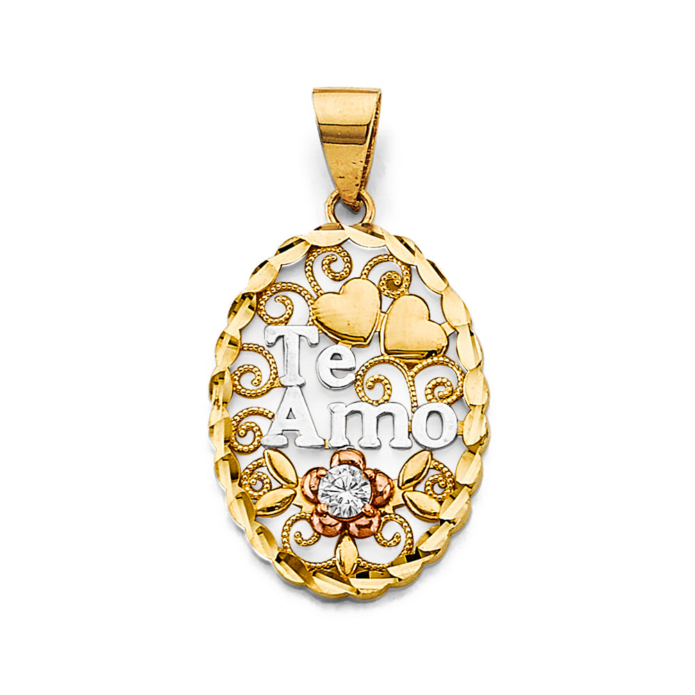 14K Yellow White Rose Gold CZ Oval Te Amo Pendant