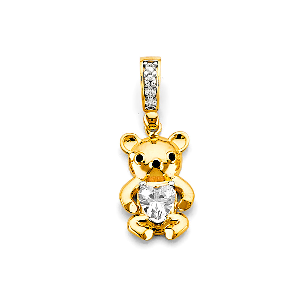 14K Yellow Gold CZ Pink Heart Teddy Bear Pendant