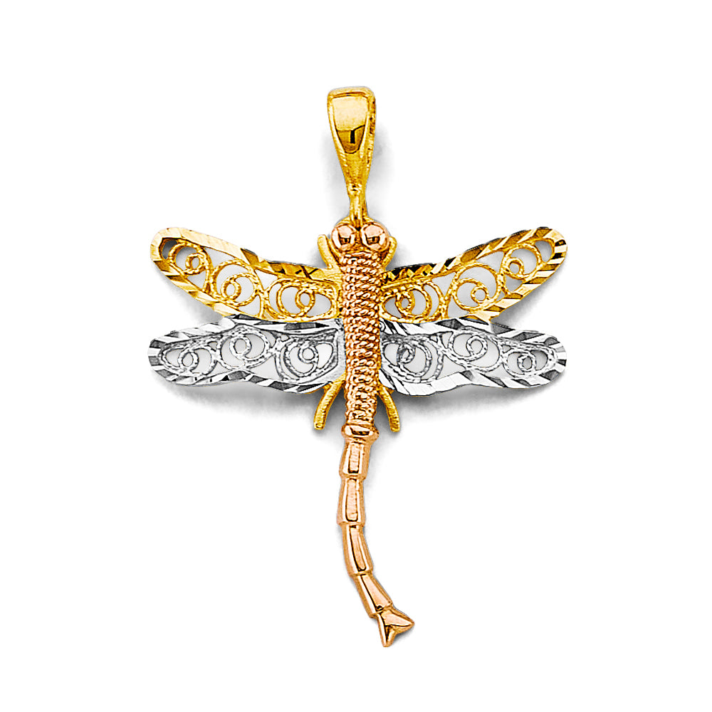 14K Yellow White Rose Gold Dragonfly Pendant