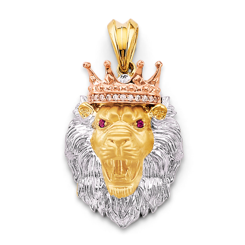 14K Yellow White Rose Gold CZ Lion Face W/ Crown Pendant