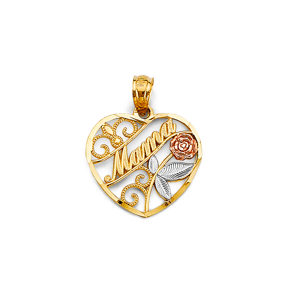 14K Yellow White Rose Gold Heart Mama Pendant