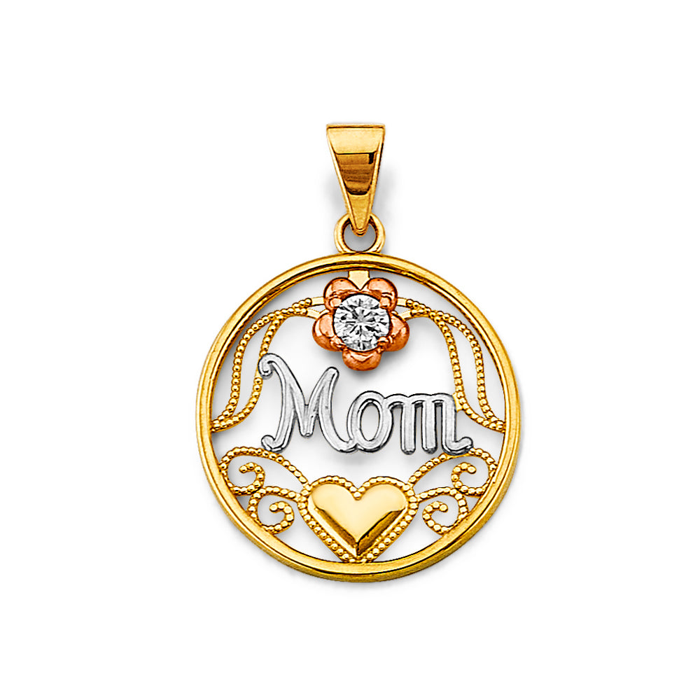 14K Yellow White Rose Gold CZ Round Mom Pendant